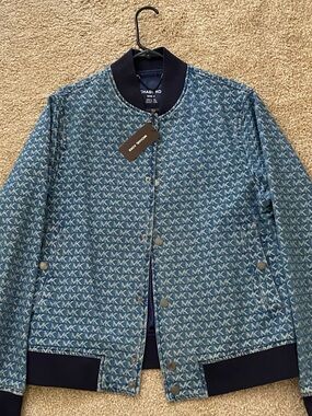 Michael Kors Light Blue Logo-Pattern Bomber Jacket with Navy Trim